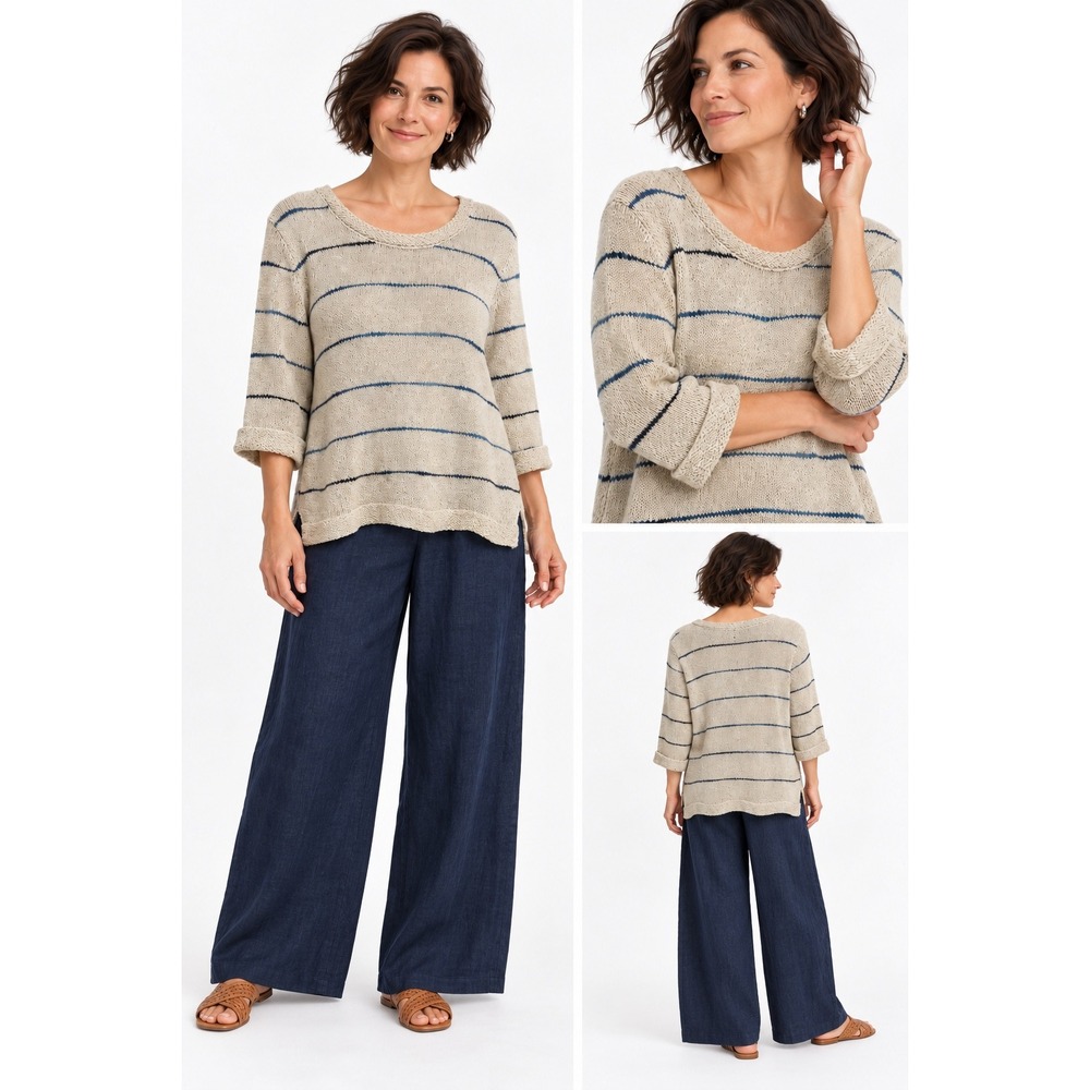 J. Jill Striped Pullover Sweater Medium Barley Multi 3/4 Sleeve Cotton Blend NWT